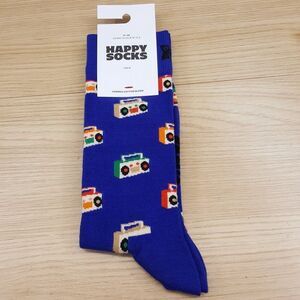 HAPPY SOCKS Crew Socks Blue Radio Music Combed Cotton Unisex M 8-12 W 10-12.5
